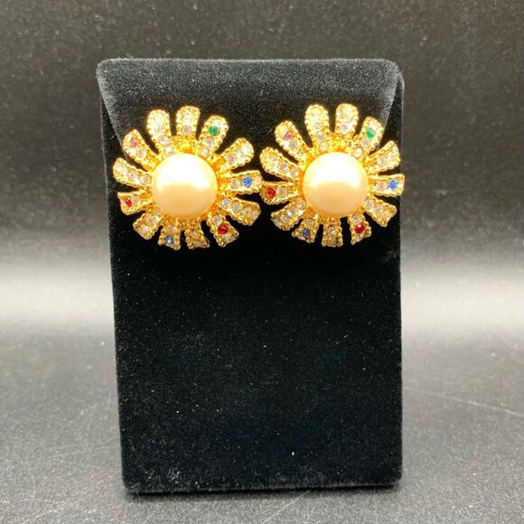Vintage 80s Daisy Flowers Clipon Earrings Rhinestones Pearl Accents Floral - Picture 3 of 6